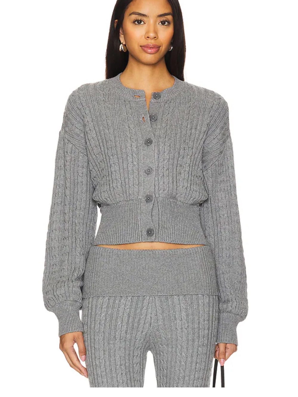 Cropped Cable Knit Button-Front Sweater - Gray